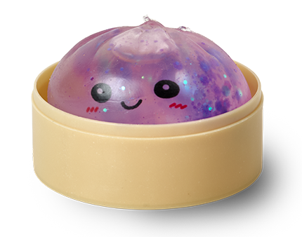 A rare Glitter Squishy Dumpling toy sitting in its container
