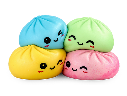 The four Squishy Dumpling toys in blue, green, yellow and pink