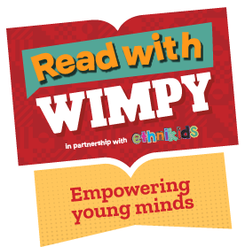 An open red and yellow book logo that reads 'Read with Wimpy. Empowering young minds'
