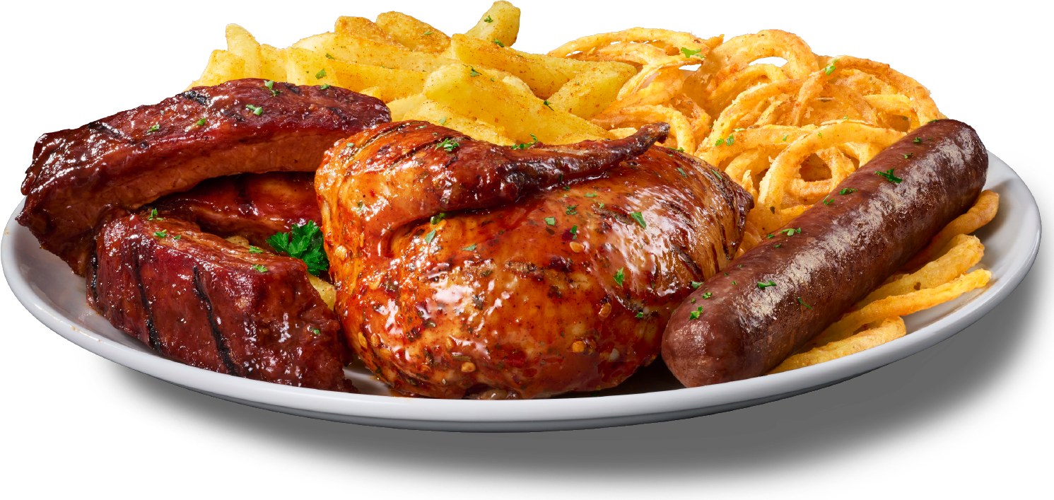 Hearty barbecue platter loaded with roasted chicken, glazed ribs, wors, french fries, and onion rings