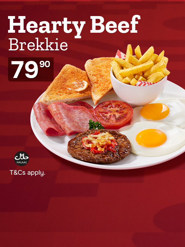 Wimpy Full Breakfast with eggs, macon, toast, beef patty and chips served at Wimpy South Africa